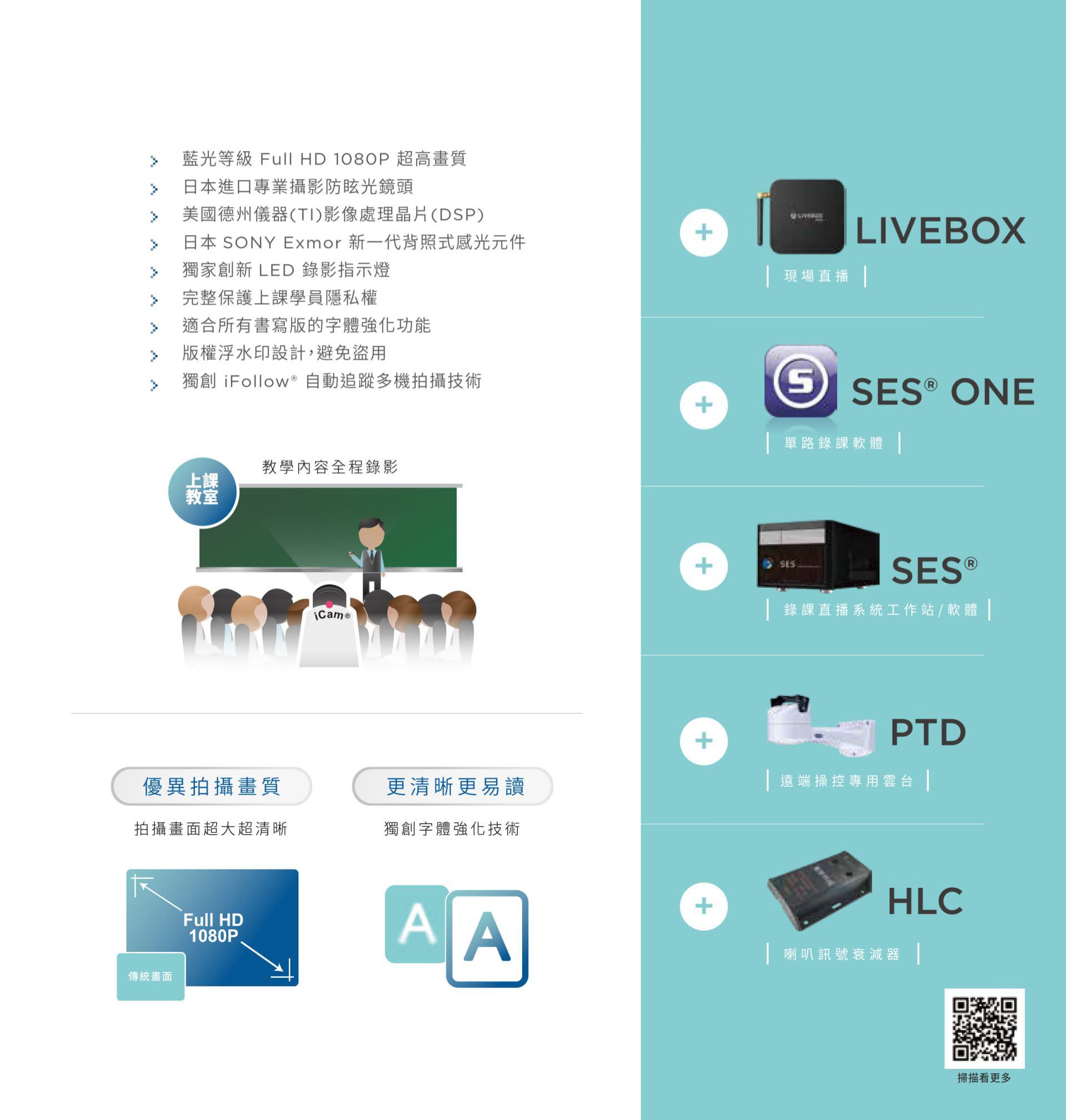 iCam 攝影機具備藍光等級 Full HD 1080P 畫質與 SONY Exmor 新一代感光元件，內建德州儀器 TI 音訊處理晶片與 LED 錄影指示燈，支援浮水印保護、獨創字體強化與完整上課授權控管，能與 iFollow 多機拍攝技術整合，並相容 SES、Livebox、PTD、HLC 等系統平台，是數位教學與課堂錄影的理想攝影設備。